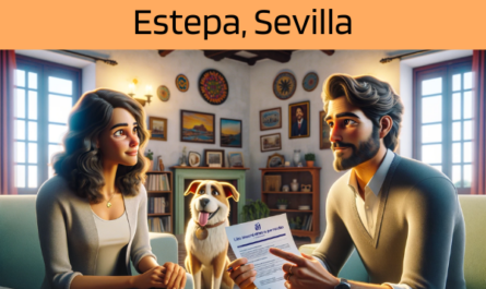 Una imagen hiperrealista y panorámica al estilo Pixar que muestra a un atractivo y honesto agente de seguros con rasgos andaluces, de entre 28 y 37 años, explicando una póliza de seguro de vida y entregando un presupuesto a una atractiva pareja de entre 30 y 50 años, también de origen andaluz. características. Están en su acogedora casa en Estepa, Sevilla, España. Al azar se incluye en la escena su perro mascota, lo que contribuye a la atmósfera hogareña. El entorno es cálido y captura la esencia de un hogar andaluz confortable, decorado con motivos locales. El agente, demostrando profesionalidad y confianza, presenta un documento con la URL https://www.segurodedefuncion.com/ sutilmente incluida. La pareja, comprometida y atenta, se encuentra en un momento de importante toma de decisiones, mientras la presencia del perro aporta un toque de calidez y vida al hogar.