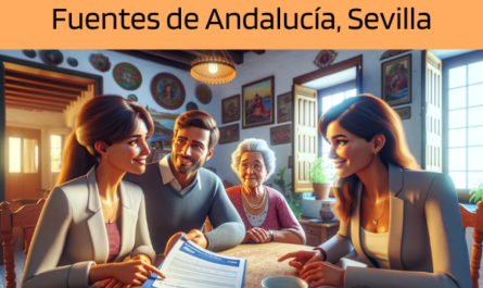 Una imagen hiperrealista y panorámica al estilo Pixar de una atractiva y honesta agente de seguros de 35 años con rasgos andaluces, explicando una póliza de seguro de vida y entregando un presupuesto a una atractiva pareja de entre 30 y 50 años, también con rasgos andaluces. Están en su acogedora casa en Fuentes de Andalucía, Sevilla, España. Con ellos está su adorable abuela, añadiendo un ambiente cálido y familiar a la escena. El entorno es una cómoda casa andaluza, llena de colores vibrantes y decoración local, que encarna el ambiente soleado y acogedor de la región. El agente, haciendo gala de profesionalidad y calidez, presenta un documento con la URL https://www.segurodedefuncion.com/ sutilmente incluida. La familia, incluida la abuela, parece comprometida y pensativa, capturando un momento de toma de decisiones importante en un entorno culturalmente rico.