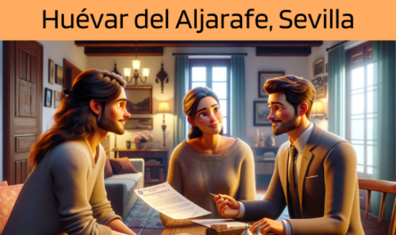 Imagen realista y panorámica al estilo Pixar que muestra a un atractivo y honesto agente de seguros de 30 años, con rasgos andaluces, explicando una póliza de seguro de decesos y entregando un presupuesto a una atractiva pareja de unos 32 años, también con rasgos andaluces. Están en su acogedora casa de Huévar del Aljarafe, Sevilla, España. El entorno es cálido y acogedor, captando la esencia de un confortable hogar andaluz con una iluminación tenue, decoración tradicional y un ambiente acogedor. El agente, mostrando profesionalidad y empatía, presenta un documento con la URL https://www.segurodedefuncion.com/ sutilmente incluida. La pareja aparece comprometida y receptiva, creando un momento de importante toma de decisiones dentro del encantador entorno de su hogar.