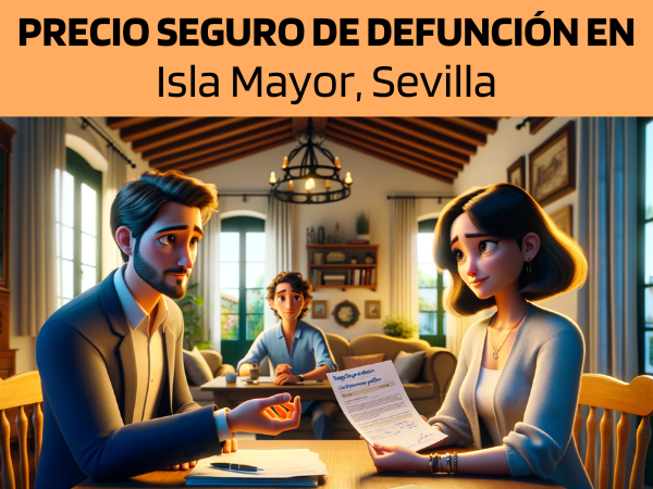 Imagen realista y panorámica al estilo Pixar que muestra a un atractivo y honesto agente de seguros de 30 años, con rasgos andaluces, explicando una póliza de seguro de decesos y entregando un presupuesto a una atractiva pareja de unos 32 años, también con rasgos andaluces. Están en su acogedora casa de Isla Mayor, Sevilla, España. La casa está cálidamente iluminada y amueblada de forma que combina elementos tradicionales andaluces con el confort moderno, creando un ambiente acogedor. El agente, haciendo gala de profesionalidad y sinceridad, presenta un documento que incluye sutilmente la URL https://www.segurodedefuncion.com/. La pareja aparece comprometida y pensativa, en una escena que capta un momento de importante toma de decisiones en el encantador marco de su hogar.