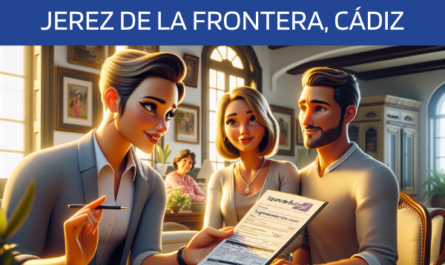 Imagen realista y panorámica al estilo Pixar que muestra a una atractiva y honesta agente de seguros de 37 años, explicando una póliza de seguro de decesos y entregando un presupuesto a una atractiva pareja de unos 47 años. Están en su casa de Jerez de la Frontera, Cádiz. El escenario capta la esencia de un confortable salón, con una decoración que refleja la herencia cultural de la zona, mezclando elementos modernos y tradicionales españoles. El agente realiza una presentación profesional de los documentos, en la que se integra sutilmente la URL https://www.segurodedefuncion.com/. La pareja, de aspecto comprometido y reflexivo, refleja un momento de cuidadosa consideración, rodeada de la calidez e intimidad de su entorno doméstico.