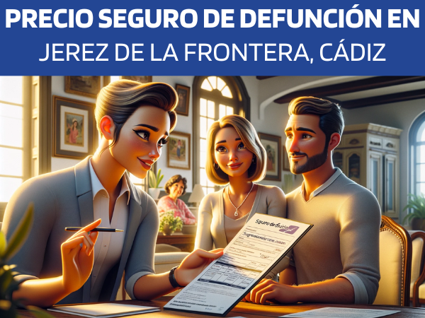 Imagen realista y panorámica al estilo Pixar que muestra a una atractiva y honesta agente de seguros de 37 años, explicando una póliza de seguro de decesos y entregando un presupuesto a una atractiva pareja de unos 47 años. Están en su casa de Jerez de la Frontera, Cádiz. El escenario capta la esencia de un confortable salón, con una decoración que refleja la herencia cultural de la zona, mezclando elementos modernos y tradicionales españoles. El agente realiza una presentación profesional de los documentos, en la que se integra sutilmente la URL https://www.segurodedefuncion.com/. La pareja, de aspecto comprometido y reflexivo, refleja un momento de cuidadosa consideración, rodeada de la calidez e intimidad de su entorno doméstico.