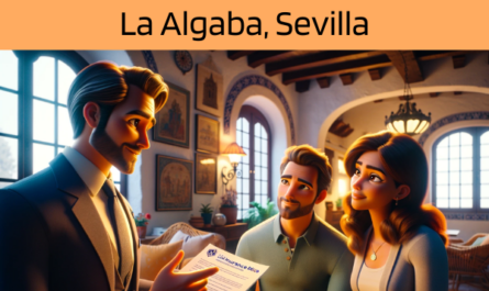 Imagen realista y panorámica al estilo Pixar que muestra a un atractivo y honesto agente de seguros de 30 años, con rasgos andaluces, explicando una póliza de seguro de decesos y entregando un presupuesto a una atractiva pareja de unos 32 años, también con rasgos andaluces. Están en su acogedora casa de La Algaba, Sevilla, España. La casa está cálidamente iluminada y amueblada de forma que combina elementos tradicionales andaluces con el confort moderno, creando un ambiente acogedor. El agente, haciendo gala de profesionalidad y sinceridad, presenta un documento que incluye sutilmente la URL https://www.segurodedefuncion.com/. La pareja aparece comprometida y pensativa, en una escena que capta un momento de importante toma de decisiones en el encantador marco de su hogar.