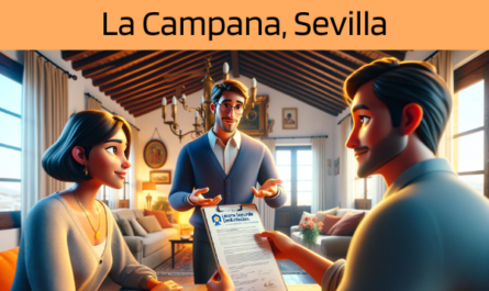 Imagen realista y panorámica al estilo Pixar que muestra a un atractivo y honesto agente de seguros de 39 años, con rasgos andaluces, explicando una póliza de seguro de decesos y entregando un presupuesto a una atractiva pareja de unos 32 años, también con rasgos andaluces. Están en su acogedora casa de La Campana, Sevilla, España. El ambiente interior es cálido y acogedor, captando la esencia de una casa tradicional andaluza con toques modernos. El agente, demostrando profesionalidad y confianza, presenta un documento con la URL https://www.segurodedefuncion.com/ sutilmente incluida. La pareja aparece comprometida y receptiva, creando una escena de toma de decisiones importantes en la comodidad de su propio hogar.