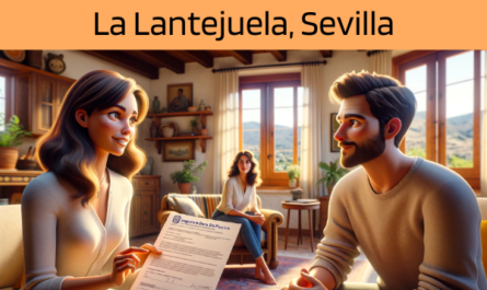 Imagen realista y panorámica al estilo Pixar que muestra a una atractiva y honesta agente de seguros de 29 años, con rasgos andaluces, explicando una póliza de seguro de decesos y proporcionando un presupuesto a una atractiva pareja de treinta y pocos años, también con rasgos andaluces. Están en su acogedora casa de La Lantejuela, Sevilla. El entorno es cálido y acogedor, captando la esencia de un confortable espacio vital andaluz, lleno de luz y decorado con un estilo que combina el confort moderno con los elementos tradicionales de la zona. El agente, haciendo gala de profesionalidad y confianza, presenta un documento que incluye sutilmente la URL https://www.segurodedefuncion.com/. La pareja aparece comprometida y pensativa, reflejando un momento de importante toma de decisiones dentro del encantador ambiente de su hogar.