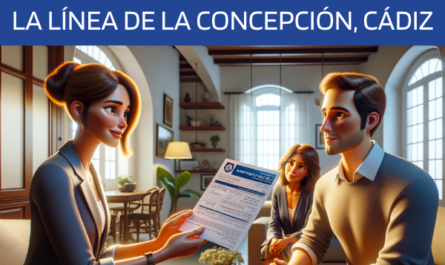 Imagen realista y panorámica al estilo Pixar que muestra a una atractiva y honesta agente de seguros de 37 años, explicando una póliza de seguro de decesos y entregando un presupuesto a una atractiva pareja de unos 47 años. Están en su casa de La Línea de la Concepción, Cádiz, España. El entorno es elegante y está cálidamente iluminado, destacando una cómoda sala de estar que combina el diseño contemporáneo con elementos tradicionales españoles. La agente, que derrocha profesionalidad y sinceridad, muestra unos documentos en los que se incluye sutilmente la URL https://www.segurodedefuncion.com/. La pareja, que muestra una mezcla de curiosidad y aprecio, escucha atentamente y participa en la conversación. La escena capta un momento de toma de decisiones reflexiva en un ambiente sereno y respetuoso.