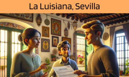 Imagen realista y panorámica al estilo Pixar que muestra a una atractiva y honesta agente de seguros de 28 años, con rasgos andaluces, explicando una póliza de seguro de decesos y entregando un presupuesto a una atractiva pareja de unos 30 años, también con rasgos andaluces. Están en su acogedora casa de La Luisiana, Sevilla, España. El entorno es cálido y acogedor, captando la esencia de un confortable hogar andaluz, decorado con motivos locales. El agente, demostrando profesionalidad y confianza, presenta un documento con la URL https://www.segurodedefuncion.com/ sutilmente incluida. La pareja, interesada y atenta, participa en un momento de toma de decisiones importantes, rodeada de la calidez y la cultura de su hogar.