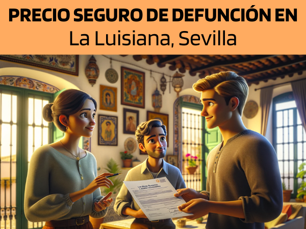 Imagen realista y panorámica al estilo Pixar que muestra a una atractiva y honesta agente de seguros de 28 años, con rasgos andaluces, explicando una póliza de seguro de decesos y entregando un presupuesto a una atractiva pareja de unos 30 años, también con rasgos andaluces. Están en su acogedora casa de La Luisiana, Sevilla, España. El entorno es cálido y acogedor, captando la esencia de un confortable hogar andaluz, decorado con motivos locales. El agente, demostrando profesionalidad y confianza, presenta un documento con la URL https://www.segurodedefuncion.com/ sutilmente incluida. La pareja, interesada y atenta, participa en un momento de toma de decisiones importantes, rodeada de la calidez y la cultura de su hogar.