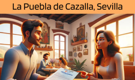 Imagen realista y panorámica al estilo Pixar que muestra a un atractivo y honesto agente de seguros de 28 años, con rasgos andaluces, explicando una póliza de seguro de decesos y entregando un presupuesto a una atractiva pareja de unos 30 años, también con rasgos andaluces. Están en su acogedora casa de La Puebla de Cazalla, Sevilla, España. El entorno es cálido, acogedor y lleno de elementos que resaltan la cultura local y la calidez de Andalucía. El agente, haciendo gala de profesionalidad y sinceridad, presenta un documento con la URL https://www.segurodedefuncion.com/ sutilmente integrada. La pareja aparece comprometida y pensativa, en una escena que capta un momento significativo de la toma de decisiones en el entorno confortable y culturalmente rico de su hogar.