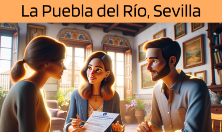 Imagen realista y panorámica al estilo Pixar que muestra a una atractiva y honesta agente de seguros de 25 años, con rasgos andaluces, explicando una póliza de seguro de vida y entregando un presupuesto a una atractiva pareja de unos 40 años, también con rasgos andaluces. Están en su acogedora casa de La Puebla del Río, Sevilla, España. El escenario refleja un interior andaluz cálido y acogedor, lleno de colores vibrantes, decoración tradicional y la luz del sol filtrándose por las ventanas. El agente muestra un documento que incluye sutilmente la URL https://www.segurodedefuncion.com/. La pareja aparece comprometida y reflexiva, creando un momento de toma de decisiones importantes en el bello y culturalmente rico entorno de su hogar.