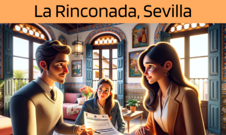 Imagen realista y panorámica al estilo Pixar que muestra a una atractiva y honesta agente de seguros de 25 años, con rasgos andaluces, explicando una póliza de seguro de vida y entregando un presupuesto a una atractiva pareja de unos 40 años, también con rasgos andaluces. Están en su acogedora casa de La Rinconada, Sevilla, España. El escenario refleja un interior andaluz cálido y acogedor, lleno de colores vibrantes, decoración tradicional y la luz del sol filtrándose por las ventanas. El agente muestra un documento que incluye sutilmente la URL https://www.segurodedefuncion.com/. La pareja aparece comprometida y reflexiva, creando un momento de toma de decisiones importantes en el bello y culturalmente rico entorno de su hogar.