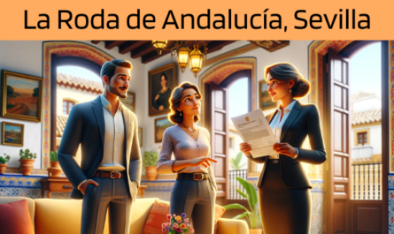 Imagen realista y panorámica al estilo Pixar que muestra a una atractiva y honesta agente de seguros de 45 años, con rasgos andaluces, explicando una póliza de seguros de vida y entregando un presupuesto a una atractiva pareja de unos 40 años, también con rasgos andaluces. Están en su acogedora casa de La Roda de Andalucía, Sevilla, España. El entorno de la casa es cálido y acogedor, capturando la esencia de la arquitectura andaluza con colores vibrantes, decoración tradicional y un ambiente soleado. El agente, mostrando profesionalidad y confianza, presenta un documento con la URL https://www.segurodedefuncion.com/ sutilmente incluida. La pareja aparece comprometida y reflexiva, creando un momento de toma de decisiones importantes en un entorno que refleja su herencia cultural.