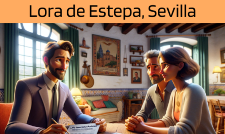 Imagen realista y panorámica al estilo Pixar que muestra a un atractivo y honesto agente de seguros de 45 años, con rasgos andaluces, explicando una póliza de seguro de vida y entregando un presupuesto a una atractiva pareja de unos 40 años, también con rasgos andaluces. Están en su acogedora casa de Lora de Estepa, Sevilla, España. El entorno es cálido y acogedor, con detalles que captan la esencia de un confortable hogar andaluz, como baldosas de terracota, paredes encaladas y vibrantes tejidos. El agente, demostrando profesionalidad y confianza, muestra un documento con la URL https://www.segurodedefuncion.com/ sutilmente integrada en la escena. La pareja aparece comprometida y pensativa, reflejando la importancia del momento dentro del encantador telón de fondo de su hogar.