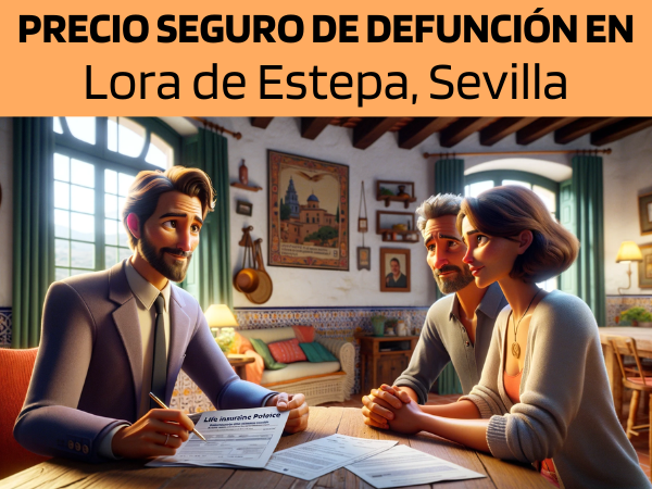 Imagen realista y panorámica al estilo Pixar que muestra a un atractivo y honesto agente de seguros de 45 años, con rasgos andaluces, explicando una póliza de seguro de vida y entregando un presupuesto a una atractiva pareja de unos 40 años, también con rasgos andaluces. Están en su acogedora casa de Lora de Estepa, Sevilla, España. El entorno es cálido y acogedor, con detalles que captan la esencia de un confortable hogar andaluz, como baldosas de terracota, paredes encaladas y vibrantes tejidos. El agente, demostrando profesionalidad y confianza, muestra un documento con la URL https://www.segurodedefuncion.com/ sutilmente integrada en la escena. La pareja aparece comprometida y pensativa, reflejando la importancia del momento dentro del encantador telón de fondo de su hogar.