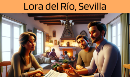 Imagen realista y panorámica al estilo Pixar que muestra a un atractivo y honesto agente de seguros de 35 años, con rasgos andaluces, explicando una póliza de seguro de vida y entregando un presupuesto a una atractiva pareja de unos 30 años, también con rasgos andaluces. Están en su acogedora casa de Lora del Río, Sevilla, España. El entorno transmite la calidez de un confortable espacio vital, rico en elementos de la cultura y la decoración andaluzas. El agente, haciendo gala de profesionalidad y sinceridad, presenta un documento con la URL https://www.segurodedefuncion.com/ sutilmente incluida. La pareja, comprometida y reflexiva, se sitúa en un momento de cuidadosa consideración, rodeada del entorno íntimo de su hogar, reflejando una escena de confianza y toma de decisiones.