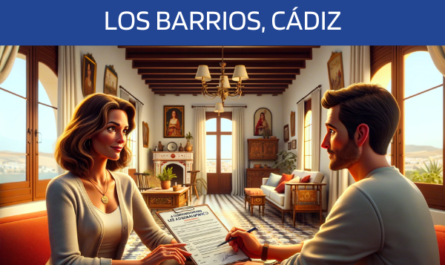 Imagen realista y panorámica al estilo Pixar que muestra a una atractiva y honesta agente de seguros de 33 años, con rasgos andaluces, explicando una póliza de seguro de decesos y dando un presupuesto a una atractiva pareja de unos 38 años, también con rasgos andaluces. Están en su casa de Los Barrios, Cádiz. La estancia refleja un estilo típicamente andaluz, cálido y acogedor, con elementos representativos de la cultura local. El agente muestra un documento en el que aparece claramente la URL https://www.segurodedefuncion.com/. La escena capta un momento de consulta profesional, que transmite confianza, cuidado y atención detallada, todo ello en un entorno que representa maravillosamente su herencia andaluza.