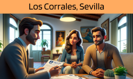 Imagen realista y panorámica al estilo Pixar que muestra a un atractivo y honesto agente de seguros de 35 años, con rasgos andaluces, explicando una póliza de seguro de vida y entregando un presupuesto a una atractiva pareja de unos 30 años, también con rasgos andaluces. Están en su acogedora casa de Los Corrales, Sevilla, España. El entorno transmite la calidez de un confortable espacio vital, rico en elementos de la cultura y la decoración andaluzas. El agente, haciendo gala de profesionalidad y sinceridad, presenta un documento con la URL https://www.segurodedefuncion.com/ sutilmente incluida. La pareja, comprometida y reflexiva, se sitúa en un momento de cuidadosa consideración, rodeada del entorno íntimo de su hogar, reflejando una escena de confianza y toma de decisiones.