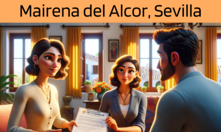 Imagen realista y panorámica al estilo Pixar que muestra a una atractiva y honesta agente de seguros de 30 años, con rasgos andaluces, explicando una póliza de seguro de vida y entregando un presupuesto a una atractiva pareja de unos 35 años, también con rasgos andaluces. Están en su casa de Mairena del Alcor, Sevilla, España. El escenario es acogedor y cálido, reflejo de un típico hogar andaluz con colores vibrantes y decoración tradicional. La escena se centra en la interacción entre el agente y la pareja, mostrando la profesionalidad del agente y el interés de la pareja por la conversación. El documento que se entrega incluye sutilmente la URL https://www.segurodedefuncion.com/, que se integra en la escena sin restar protagonismo a la interacción. El ambiente es cordial y acogedor, destacando un momento de toma de decisiones importante para la pareja.