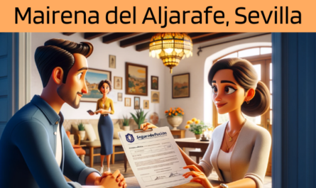 Imagen realista y panorámica al estilo Pixar que muestra a una atractiva y honesta agente de seguros de 30 años, con rasgos andaluces, explicando una póliza de seguro de vida y entregando un presupuesto a una atractiva pareja de unos 35 años, también con rasgos andaluces. Están en su casa de Mairena del Aljarafe, Sevilla, España. El escenario refleja un acogedor hogar andaluz con elementos que captan la esencia de la cultura y la calidez de la región. El agente, haciendo gala de profesionalidad y sinceridad, presenta un documento que incluye la URL https://www.segurodedefuncion.com/ de forma sutil. La pareja aparece comprometida e interesada, creando un momento de importante toma de decisiones dentro del bello y rico entorno cultural de su hogar.