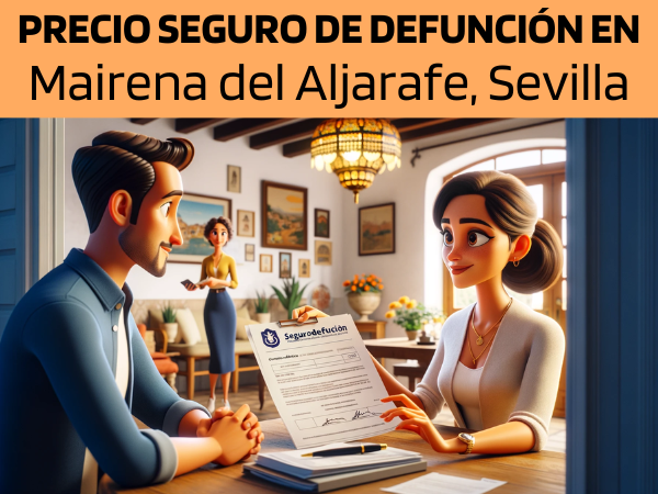 Imagen realista y panorámica al estilo Pixar que muestra a una atractiva y honesta agente de seguros de 30 años, con rasgos andaluces, explicando una póliza de seguro de vida y entregando un presupuesto a una atractiva pareja de unos 35 años, también con rasgos andaluces. Están en su casa de Mairena del Aljarafe, Sevilla, España. El escenario refleja un acogedor hogar andaluz con elementos que captan la esencia de la cultura y la calidez de la región. El agente, haciendo gala de profesionalidad y sinceridad, presenta un documento que incluye la URL https://www.segurodedefuncion.com/ de forma sutil. La pareja aparece comprometida e interesada, creando un momento de importante toma de decisiones dentro del bello y rico entorno cultural de su hogar.