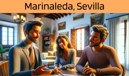 Imagen realista y panorámica al estilo Pixar que muestra a un atractivo y honesto agente de seguros de 34 años, con rasgos andaluces, explicando una póliza de seguro de vida y entregando un presupuesto a una atractiva pareja de unos 35 años, también con rasgos andaluces. Están en su casa de Marinaleda, Sevilla, España. La vivienda está cálidamente iluminada y es acogedora, reflejo del interiorismo tradicional andaluz, con elementos que sugieren un espacio confortable y acogedor. El agente, mostrando una mezcla de profesionalidad y calidez, presenta un documento con la URL https://www.segurodedefuncion.com/ sutilmente integrada. La pareja aparece comprometida e interesada, captando un momento de toma de decisiones reflexiva en el bello contexto de su casa andaluza.