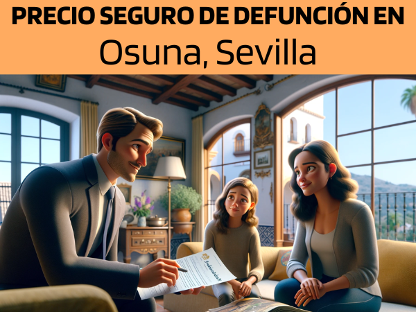 Imagen realista y panorámica al estilo Pixar que muestra a un atractivo y honesto agente de seguros de 34 años, con rasgos andaluces, explicando una póliza de seguro de vida y entregando un presupuesto a una atractiva pareja de unos 42 años, también con rasgos andaluces, y a su hija de 12 años. Están en su casa de Osuna, Sevilla, España. El interior es acogedor y luminoso, con la calidez y el encanto de las casas andaluzas. El salón de la familia, donde están reunidos, combina la decoración tradicional con las comodidades modernas. El agente muestra un documento en el que destaca la URL https://www.segurodedefuncion.com/. La pareja y su hija parecen comprometidas y reflexivas, en un momento que une el cuidado familiar con la planificación de futuro, todo ello con el pintoresco telón de fondo de Andalucía.