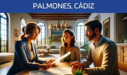 Imagen realista y panorámica al estilo Pixar que muestra a una atractiva y honesta agente de seguros de 37 años, explicando una póliza de seguro de Decesos y entregando un presupuesto a una atractiva pareja de unos 47 años. Están en su casa de Palmones, Cádiz, España. El entorno es elegante y está cálidamente iluminado, destacando una cómoda sala de estar que combina el diseño contemporáneo con elementos tradicionales españoles. La agente, que derrocha profesionalidad y sinceridad, muestra unos documentos en los que se incluye sutilmente la URL https://www.segurodedefuncion.com/. La pareja, que muestra una mezcla de curiosidad y aprecio, escucha atentamente y participa en la conversación. La escena capta un momento de toma de decisiones reflexiva en un ambiente sereno y respetuoso.