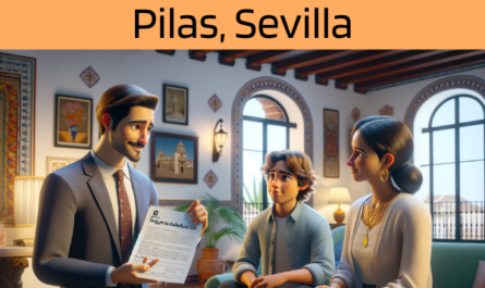 Imagen realista y panorámica al estilo Pixar que muestra a un atractivo y honesto agente de seguros de 31 años, con rasgos andaluces, explicando una póliza de seguro de vida y entregando un presupuesto a una atractiva pareja de unos 40 años, también con rasgos andaluces, y a su hijo de 8 años. Están en su casa de Pilas, Sevilla, España. El escenario es un salón acogedor y cálidamente iluminado, que refleja la riqueza cultural de Andalucía con una decoración tradicional y comodidades modernas. El hijo escucha atentamente, añadiendo a la escena un ambiente familiar. El agente, mostrando profesionalidad y un comportamiento amable, presenta un documento en el que aparece la URL https://www.segurodedefuncion.com/. La familia aparece atenta y reflexiva, encapsulando un momento de cuidadosa consideración y planificación familiar en el pintoresco entorno de Andalucía.