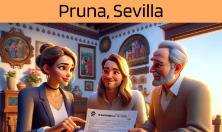 Imagen realista y panorámica al estilo Pixar que muestra a una atractiva y honesta agente de seguros de 38 años, con rasgos andaluces, explicando una póliza de seguros de vida y entregando un presupuesto a una atractiva pareja de unos 45 años, también con rasgos andaluces. Junto a ellos está el adorable abuelo de la familia, contribuyendo al cálido ambiente familiar. Están en su casa de Pruna, Sevilla, España. El escenario irradia calidez y autenticidad, con elementos típicos de un hogar andaluz, con colores vibrantes y decoración tradicional, resaltados por la afectuosa reunión familiar. El agente muestra un documento en el que se incluye visiblemente la URL https://www.segurodedefuncion.com/. Este escenario capta un momento de importante toma de decisiones, rodeado de los ricos lazos culturales y familiares de Andalucía.