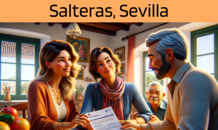 Imagen realista y panorámica al estilo Pixar que muestra a una atractiva y honesta agente de seguros de 38 años, con rasgos andaluces, explicando una póliza de seguros de vida y entregando un presupuesto a una atractiva pareja de unos 45 años, también con rasgos andaluces. Junto a ellos está el adorable abuelo de la familia, contribuyendo al cálido ambiente familiar. Están en su casa de Salteras, Sevilla, España. El escenario irradia calidez y autenticidad, con elementos típicos de un hogar andaluz, con colores vibrantes y decoración tradicional, resaltados por la afectuosa reunión familiar. El agente muestra un documento en el que se incluye visiblemente la URL https://www.segurodedefuncion.com/. Este escenario capta un momento de importante toma de decisiones, rodeado de los ricos lazos culturales y familiares de Andalucía.