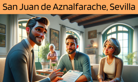 Imagen realista y panorámica al estilo Pixar que muestra a un atractivo y honesto agente de seguros de 38 años, con rasgos andaluces, explicando una póliza de seguros de vida y entregando un presupuesto a una atractiva pareja de unos 45 años, también con rasgos andaluces. Junto a ellos está la adorable abuela de la familia. Están en su casa de San Juan de Aznalfarache, Sevilla, España. El ambiente interior es acogedor y lleno de luz, reflejando la calidez de un hogar familiar en Andalucía. La habitación está decorada con un estilo que combina el confort moderno con elementos tradicionales españoles. El agente, mostrando profesionalidad y un comportamiento amable, está presentando un documento en el que la URL https://www.segurodedefuncion.com/ está visiblemente incluida. La familia parece comprometida y cómoda, creando una escena de confianza y calidez familiar en medio de la discusión sobre la planificación futura.