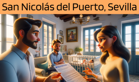 Imagen realista y panorámica al estilo Pixar que muestra a una atractiva y honesta agente de seguros de 32 años, con rasgos andaluces, explicando una póliza de seguro de vida y entregando un presupuesto a una atractiva pareja de unos 35 años, también con rasgos andaluces, que tiene un bebé de 10 meses en una cuna. Están en su casa de San Nicolás del Puerto, Sevilla, España. El ambiente interior es acogedor y lleno de luz, captando la esencia de un hogar familiar con decoración tradicional andaluza. La cuna del bebé está situada en el salón, donde tiene lugar la conversación, simbolizando la importancia de la familia en el proceso de toma de decisiones. El agente, mostrando profesionalidad y esmero, presenta un documento en el que destaca la URL https://www.segurodedefuncion.com/. La pareja aparece comprometida y pensativa, reflejando la importancia del momento rodeada de la calidez y el encanto de su hogar.