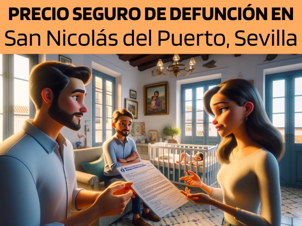 Imagen realista y panorámica al estilo Pixar que muestra a una atractiva y honesta agente de seguros de 32 años, con rasgos andaluces, explicando una póliza de seguro de vida y entregando un presupuesto a una atractiva pareja de unos 35 años, también con rasgos andaluces, que tiene un bebé de 10 meses en una cuna. Están en su casa de San Nicolás del Puerto, Sevilla, España. El ambiente interior es acogedor y lleno de luz, captando la esencia de un hogar familiar con decoración tradicional andaluza. La cuna del bebé está situada en el salón, donde tiene lugar la conversación, simbolizando la importancia de la familia en el proceso de toma de decisiones. El agente, mostrando profesionalidad y esmero, presenta un documento en el que destaca la URL https://www.segurodedefuncion.com/. La pareja aparece comprometida y pensativa, reflejando la importancia del momento rodeada de la calidez y el encanto de su hogar.