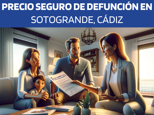 Imagen realista y panorámica al estilo Pixar en la que aparece una atractiva y honesta agente de seguros de 35 años explicando una póliza de seguro de vida y entregando un presupuesto a una atractiva pareja de unos 37 años, que tiene un hijo de 8 años. Están en su casa de Sotogrande, Cádiz. El escenario es un salón cómodo y elegante que refleja sutilmente el ambiente de lujo de Sotogrande. El agente está presentando documentos con la URL https://www.segurodedefuncion.com/ visible. La familia escucha atentamente, creando una escena de confianza y profesionalidad. La habitación está decorada con gusto, lo que sugiere un hogar familiar cálido y acogedor, y el niño parece curioso y participativo en el proceso.