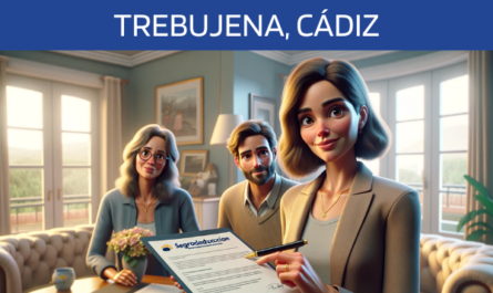 Imagen realista y panorámica al estilo Pixar que muestra a una atractiva y honesta agente de seguros de 37 años, explicando una póliza de seguro de vida y entregando un presupuesto a una atractiva pareja de unos 47 años. Están en su casa de Trebujena, Cádiz. El escenario es un salón cómodo y elegantemente amueblado, que refleja un ambiente hogareño pero sofisticado. El agente presenta con confianza un documento en el que aparece claramente la URL https://www.segurodedefuncion.com/. La pareja, mostrando interés y compromiso, representa un comportamiento sereno y maduro, creando una escena de confianza y profesionalidad dentro de un típico ambiente hogareño español.