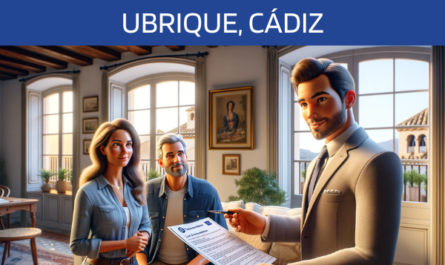 Imagen realista y panorámica al estilo Pixar que muestra a una atractiva y honesta agente de seguros de 37 años, explicando una póliza de seguro de vida y entregando un presupuesto a una atractiva pareja de unos 42 años. Están en su casa de Ubrique, Cádiz. El escenario es un acogedor salón elegantemente amueblado que refleja el singular estilo arquitectónico de Ubrique. El agente, haciendo gala de profesionalidad y confianza, presenta un documento con la URL https://www.segurodedefuncion.com/ bien visible. La pareja, atenta y comprometida, escucha atentamente en su ambiente elegante pero hogareño, que combina el confort moderno con elementos tradicionales españoles.