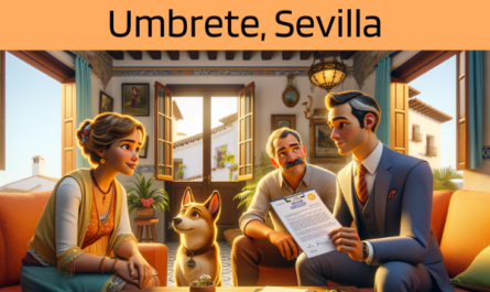 Imagen realista y panorámica al estilo Pixar que muestra a un atractivo y honesto agente de seguros de 50 años, con rasgos andaluces, explicando una póliza de seguro de vida y entregando un presupuesto a una atractiva pareja de unos 40 años, también con rasgos andaluces, que tiene un perro. Están en su casa de Umbrete, Sevilla, España. El entorno es cálido y acogedor, con una típica casa andaluza de colores vivos, decoración tradicional y luz solar que entra por las ventanas. El perro de la familia está cómodamente sentado a su lado, añadiendo a la escena un ambiente hogareño. El agente, haciendo gala de profesionalidad y confianza, presenta un documento en el que aparece la URL https://www.segurodedefuncion.com/. La pareja se muestra comprometida y reflexiva, creando un momento de toma de decisiones significativo en el bello y rico entorno cultural de Andalucía.