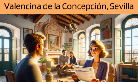 Imagen realista y panorámica al estilo Pixar que muestra a una atractiva y honesta agente de seguros de 36 años, con rasgos andaluces, explicando una póliza de seguro de vida y entregando un presupuesto a una atractiva pareja de unos 38 años, también con rasgos andaluces. Están en su casa de Valencina de la Concepción, Sevilla, España. El ambiente interior capta la calidez y el encanto de la cultura andaluza, con espacios iluminados por el sol, colores vibrantes y decoración tradicional. El agente, haciendo gala de profesionalidad y empatía, presenta un documento en el que la URL https://www.segurodedefuncion.com/ ocupa un lugar destacado. La pareja aparece comprometida y pensativa, sentada cómodamente en su salón que refleja los elementos arquitectónicos y de interiorismo característicos de la región. Este momento capta un importante proceso de toma de decisiones, rodeados de la belleza única de Andalucía.