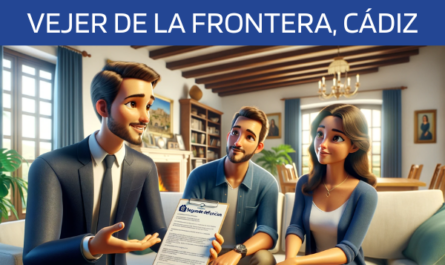 Imagen realista y panorámica al estilo Pixar que muestra a un atractivo y honesto agente de seguros de 37 años, explicando una póliza de seguro de vida y entregando un presupuesto a una atractiva pareja de unos 32 años. Están en su casa de Vejer de la Frontera, Cádiz. El escenario es un salón acogedor y bien decorado que combina la estética moderna con elementos tradicionales españoles, reflejo del ambiente cultural de Vejer de la Frontera. El agente, haciendo gala de profesionalidad y confianza, presenta un documento en el que se ve claramente la URL https://www.segurodedefuncion.com/. La pareja aparece comprometida e interesada, sentada cómodamente en su casa, ilustrando un momento de importante planificación financiera.