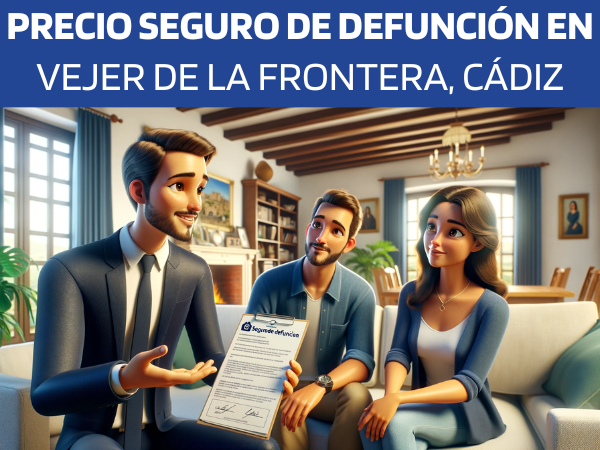 Imagen realista y panorámica al estilo Pixar que muestra a un atractivo y honesto agente de seguros de 37 años, explicando una póliza de seguro de vida y entregando un presupuesto a una atractiva pareja de unos 32 años. Están en su casa de Vejer de la Frontera, Cádiz. El escenario es un salón acogedor y bien decorado que combina la estética moderna con elementos tradicionales españoles, reflejo del ambiente cultural de Vejer de la Frontera. El agente, haciendo gala de profesionalidad y confianza, presenta un documento en el que se ve claramente la URL https://www.segurodedefuncion.com/. La pareja aparece comprometida e interesada, sentada cómodamente en su casa, ilustrando un momento de importante planificación financiera.