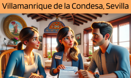 Imagen realista de pantalla panorámica al estilo Pixar que muestra a una atractiva y honesta agente de seguros de 40 años, con rasgos andaluces, explicando una póliza de seguro de vida y entregando un presupuesto a una atractiva pareja de unos 44 años, también con rasgos andaluces. Están en su casa de Villamanrique de la Condesa, Sevilla, España. El entorno es una encarnación del encanto andaluz, con una vivienda que combina la decoración tradicional y el confort moderno, reflejando el ambiente soleado y vibrante de la región. El agente, haciendo gala de profesionalidad y cordialidad, muestra un documento en el que destaca la URL https://www.segurodedefuncion.com/. La pareja aparece comprometida y pensativa, en una escena que capta la importancia de hablar de planes de futuro en medio de la belleza y la cultura de Andalucía.