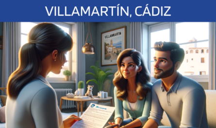 Imagen realista y panorámica al estilo Pixar en la que aparece una atractiva y honesta agente de seguros de 37 años, explicando un seguro de vida y entregando un presupuesto a una atractiva pareja de unos 45 años. Están en su casa de Villamartín, Cádiz. El entorno es acogedor, con una atmósfera que mezcla el confort moderno con toques de decoración española. El agente, profesional y empático, presenta un documento en el que se ve claramente la URL https://www.segurodedefuncion.com/. La pareja, atenta y comprometida, escucha atentamente, sentada en un salón que refleja su estilo personal y la esencia cultural de Villamartín.