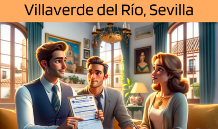 Imagen realista y panorámica al estilo Pixar que muestra a un atractivo y honesto agente de seguros de 37 años, con rasgos andaluces, explicando una póliza de seguros de vida y entregando un presupuesto a una atractiva pareja de unos 34 años, también con rasgos andaluces. Están en su casa de Villaverde del Río, Sevilla, España. El escenario capta la esencia de un hogar andaluz, con colores cálidos y acogedores, decoración tradicional y un fondo soleado típico de la región. El agente, haciendo gala de profesionalidad y confianza, muestra un documento en el que se incluye sutilmente la URL https://www.segurodedefuncion.com/. La pareja parece interesada y comprometida, sus expresiones reflejan confianza y consideración mientras escuchan. La imagen encarna un momento de importante toma de decisiones, rodeado del rico telón de fondo cultural de Andalucía.