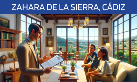 Imagen realista y panorámica al estilo Pixar que muestra a un atractivo y honesto agente de seguros de 42 años, explicando una póliza de seguro de vida y entregando un presupuesto a una atractiva pareja de unos 40 años. Están en su casa de Zahara de la Sierra, Cádiz. El escenario es un salón cómodo y elegantemente amueblado que refleja el encanto rural pero sofisticado de Zahara de la Sierra, con ventanas que muestran el pintoresco paisaje de la zona. El agente presenta un documento en el que se ve claramente la URL https://www.segurodedefuncion.com/. La imagen capta un momento de confianza y asesoramiento profesional, con la pareja escuchando atentamente y considerando la información proporcionada.