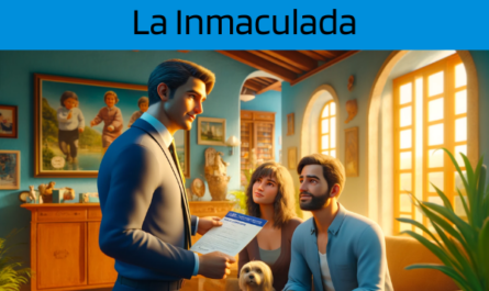 Una imagen hiperrealista y panorámica al estilo Pixar que muestra a un atractivo y honesto agente de seguros, de entre 28 y 37 años, con rasgos andaluces, explicando una póliza de seguro de vida y entregando un presupuesto a un atractivo matrimonio de entre 30 y 50 años, también con Rasgos andaluces. Se encuentran en su acogedora casa en La Inmaculada, Pedanía de Jerez de la Frontera, Cádiz. La escena incluye a su adorable perro, lo que añade un ambiente cálido y familiar. El entorno interior refleja una casa tradicional andaluza, con colores vibrantes, decoración rústica y luz del sol entrando por las ventanas. El agente, haciendo gala de profesionalidad y confianza, presenta un documento con la URL https://www.segurodedefuncion.com/ sutilmente incluida. La pareja, comprometida y pensativa, se encuentra en un momento de importante toma de decisiones, rodeada del calor de su hogar y la presencia de su mascota.