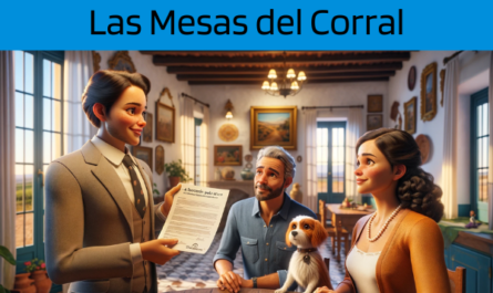 Una imagen hiperrealista y panorámica al estilo Pixar que muestra a una atractiva y honesta agente de seguros de entre 28 y 37 años, con rasgos andaluces, explicando una póliza de seguro de vida y entregando un presupuesto a un atractivo matrimonio de entre 30 y 50 años, también con Rasgos andaluces. Se encuentran en su acogedora casa en Las Mesas del Corral, una pedanía de Jerez de la Frontera, Cádiz. Junto a ellos está su adorable perro, añadiendo un elemento conmovedor a la escena. El ambiente del hogar está lleno de decoración cálida y acogedora, que refleja el encanto tradicional andaluz. El agente, haciendo gala de profesionalismo y calidez, presenta un documento que incluye sutilmente la URL https://www.segurodedefuncion.com/. La pareja, comprometida y pensativa, escucha atentamente, capturando un momento de importante toma de decisiones familiares dentro del hermoso y culturalmente rico entorno de su hogar.