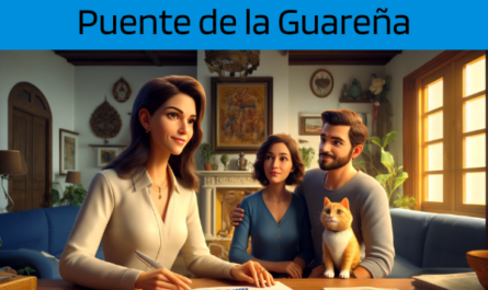 Una imagen hiperrealista y panorámica al estilo Pixar que muestra a una atractiva y honesta agente de seguros, de entre 28 y 37 años, de rasgos andaluces. Explica una póliza de seguro de vida y entrega un presupuesto a una atractiva pareja, de entre 30 y 50 años, también con rasgos andaluces. Se encuentran en su acogedora casa en Puente de la Guareña, una pedanía de Jerez de la Frontera, Cádiz. Junto a ellos está su adorable gato, añadiendo calidez a la escena. El escenario es una representación de un hogar andaluz cálido y acogedor, con elementos que muestran la rica cultura y el estilo de vida de la región. El agente está mostrando un documento donde se incorpora sutilmente la URL https://www.segurodedefuncion.com/. El ambiente es de confianza y compromiso, resaltando un momento significativo de toma de decisiones dentro de la familia, rodeados de la comodidad de su hogar y la compañía de su mascota.